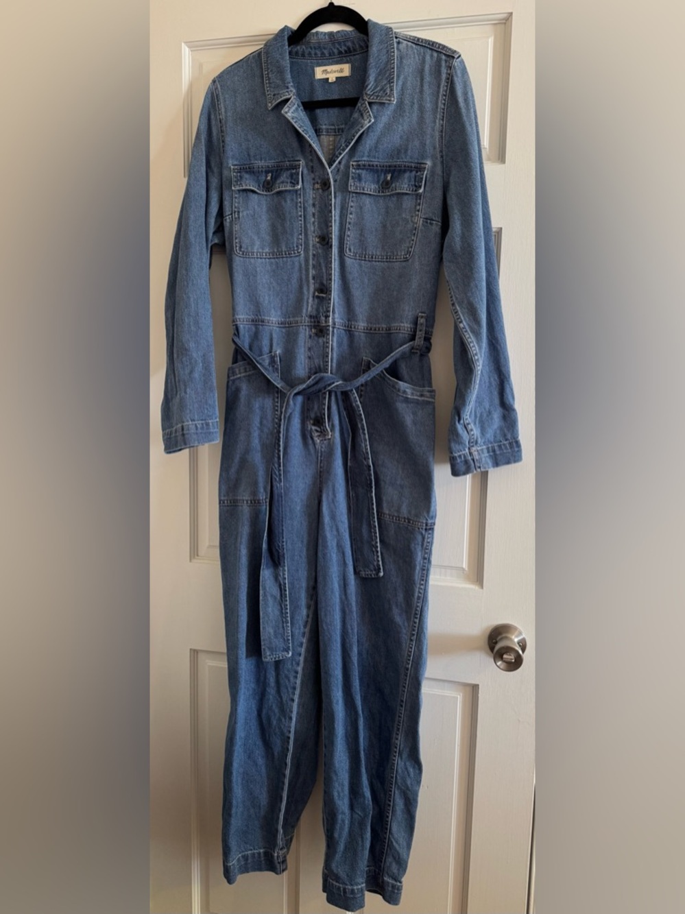 Madewell Blue Denim Belted 100% Cotton Utility Jumpsuit